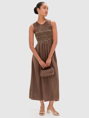 NWT Loretta Caponi Regio Brown Silk Gioia Midi Dress